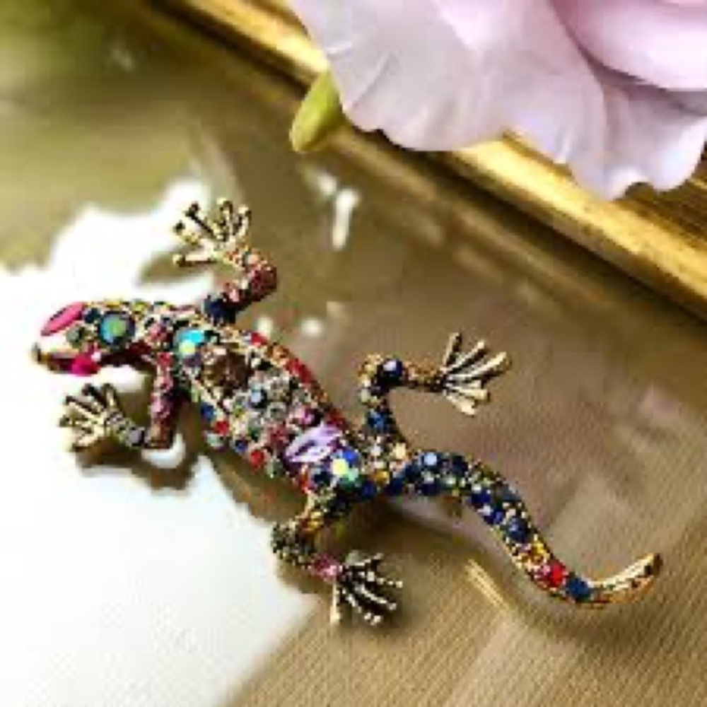 Colorful Gecko Rhinestone Brooch - Picture 1 of 3